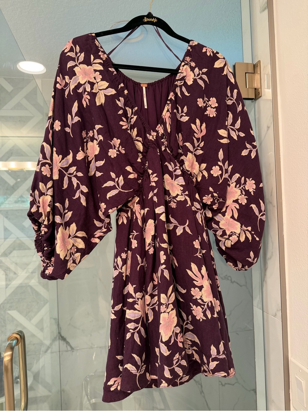 Free People Plum Floral Peasant Dress with Puff Sleeves